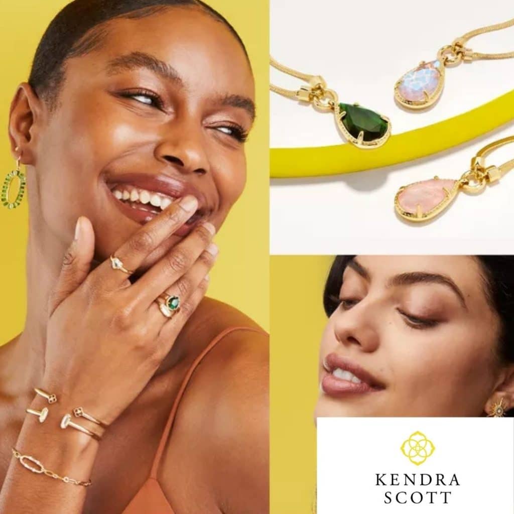 Kendra Scott jewelry: gold earrings, teardrop pendant necklaces, rings and bracelets set with green, opal and pale pink stones
