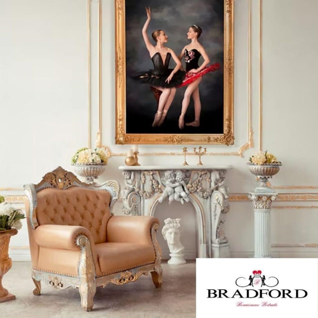 A Bradford Renaissance Portraits commission: a framed portrait of two ballet dancers hanging above an ornate carved mantel