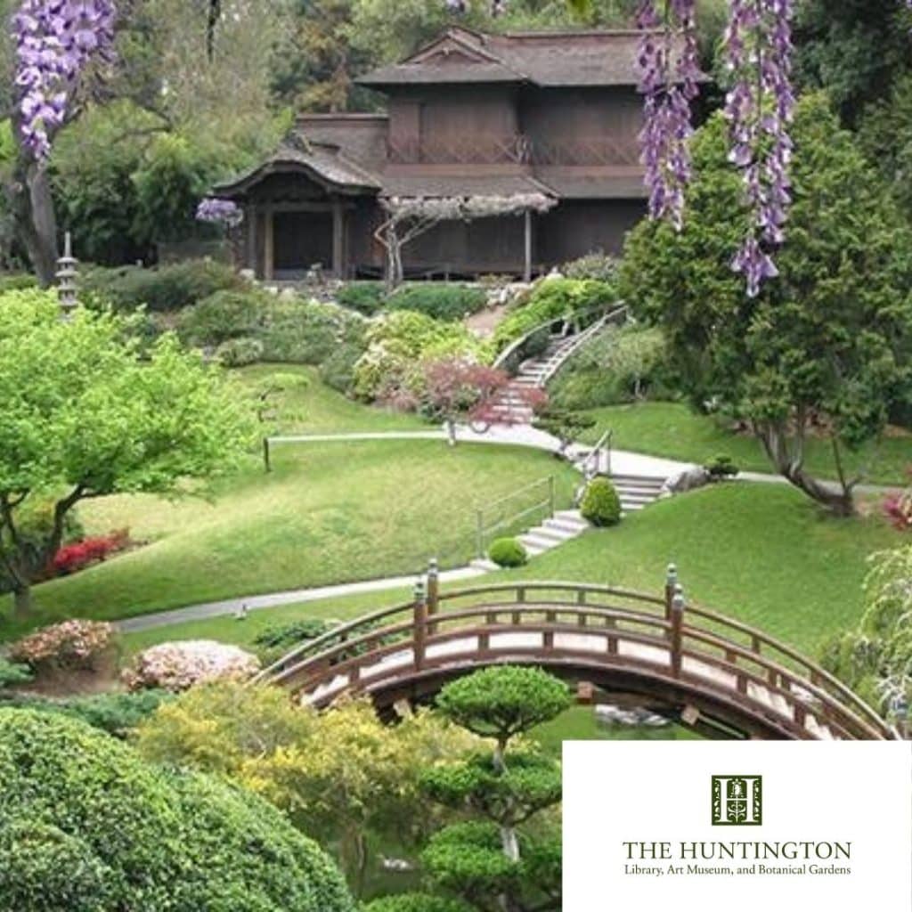 The Japanese Garden at The Huntington Library, Art Museum and Botanical Gardens, with its arched moon bridge, wisteria and historic Japanese House