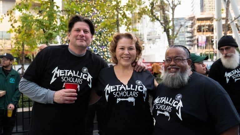 Three Victor Valley College Metallica Scholars in Metallica Scholars t-shirts at the All Within My Hands benefit event in Los Angeles