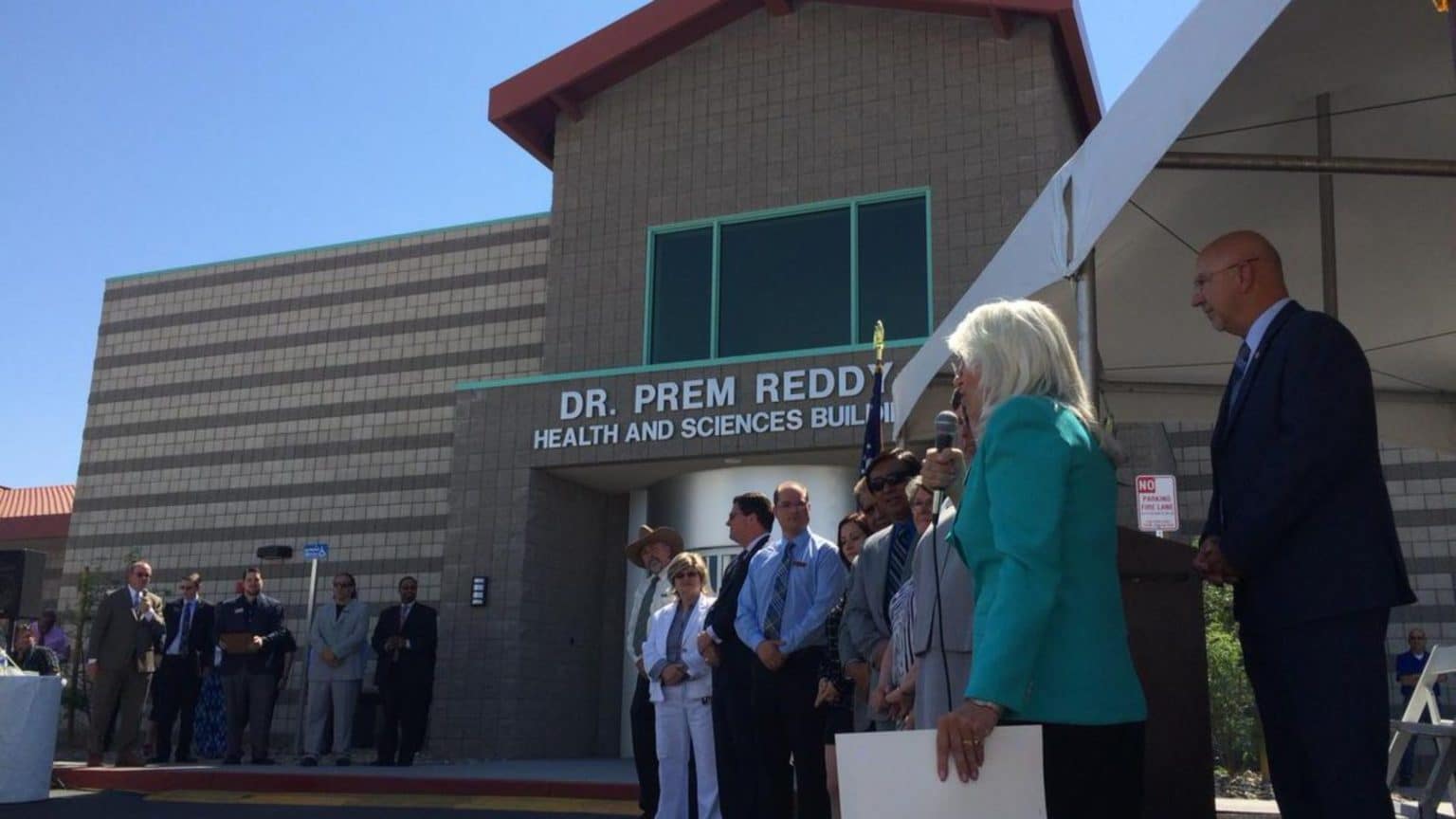 Speakers at the ribbon-cutting ceremony for the Dr. Prem Reddy Health and Sciences Building