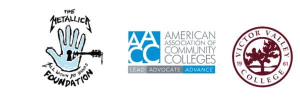Logos of the Metallica All Within My Hands Foundation, the American Association of Community Colleges, and Victor Valley College